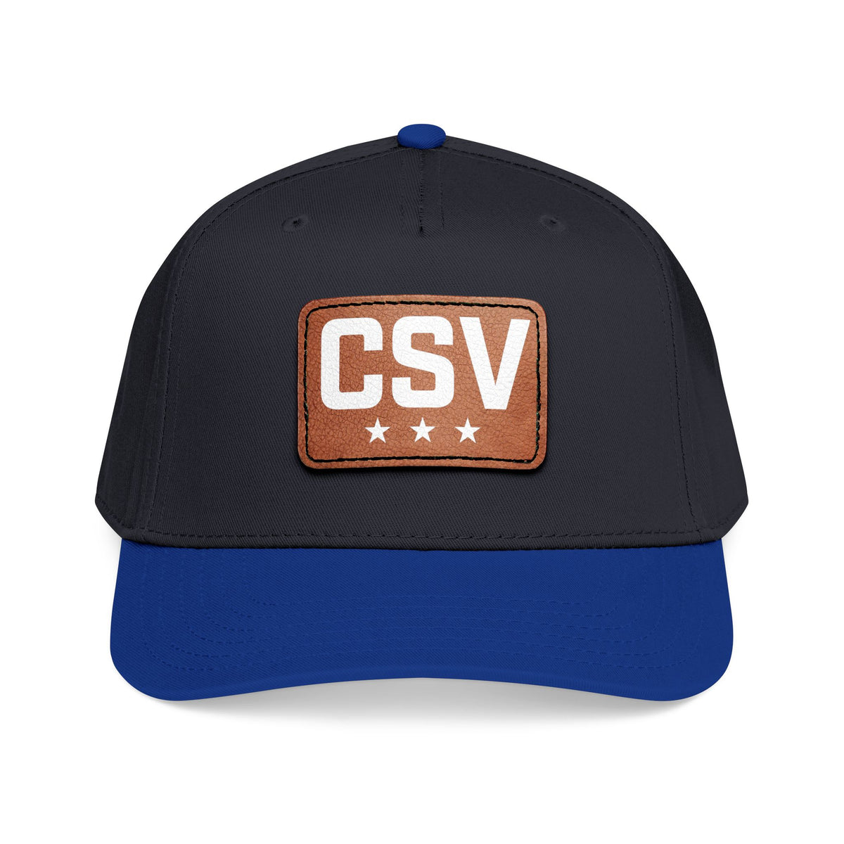 CSV Leather Patch Baseball Cap — Mid Profile Trucker Hat with Embossed Rectangle Patch