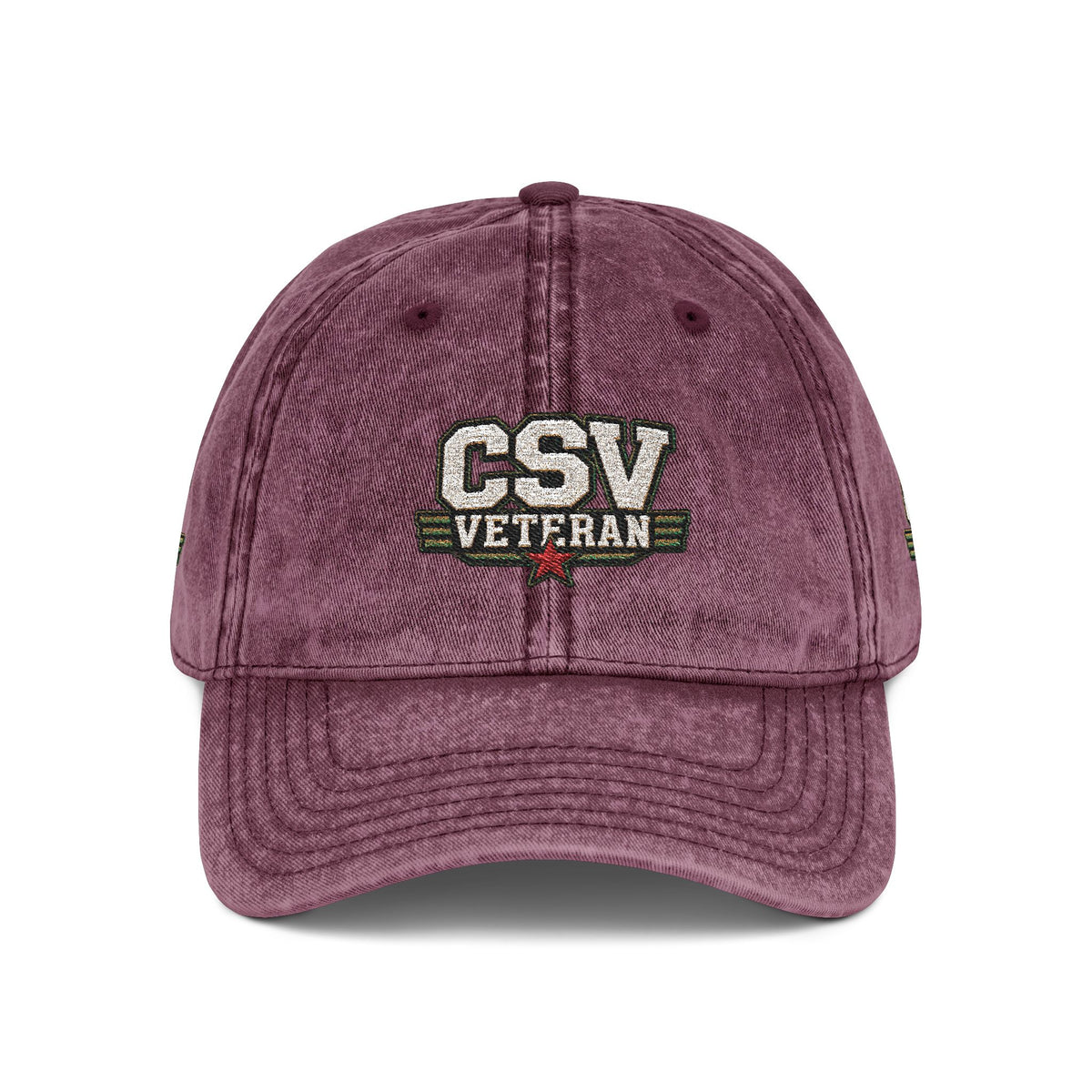 CSV Veteran Embroidered Vintage Cap — Distressed Red Military Dad Hat