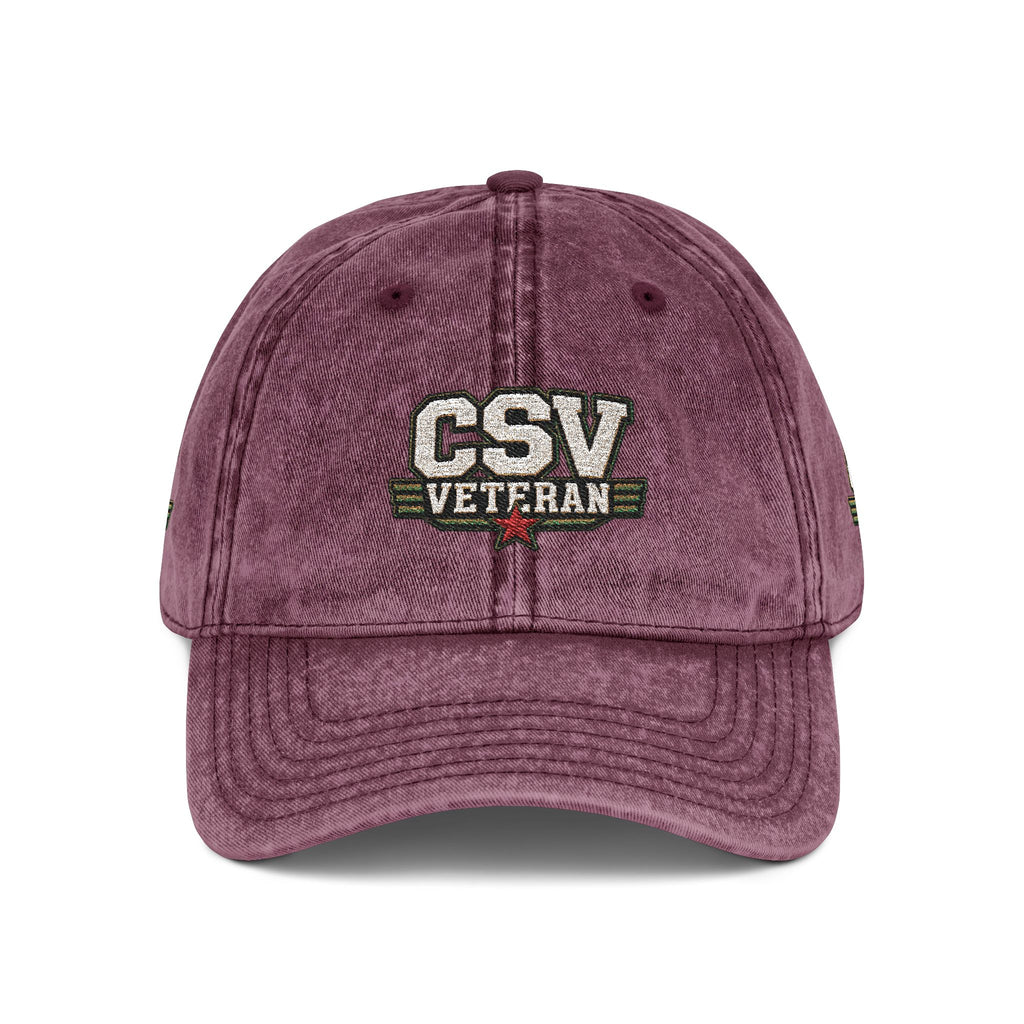 CSV Veteran Embroidered Vintage Cap — Distressed Red Military Dad Hat