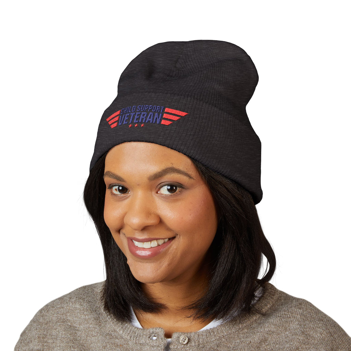 Child Support Veteran Embroidered Beanie — Patriotic Cuffed Knit Hat