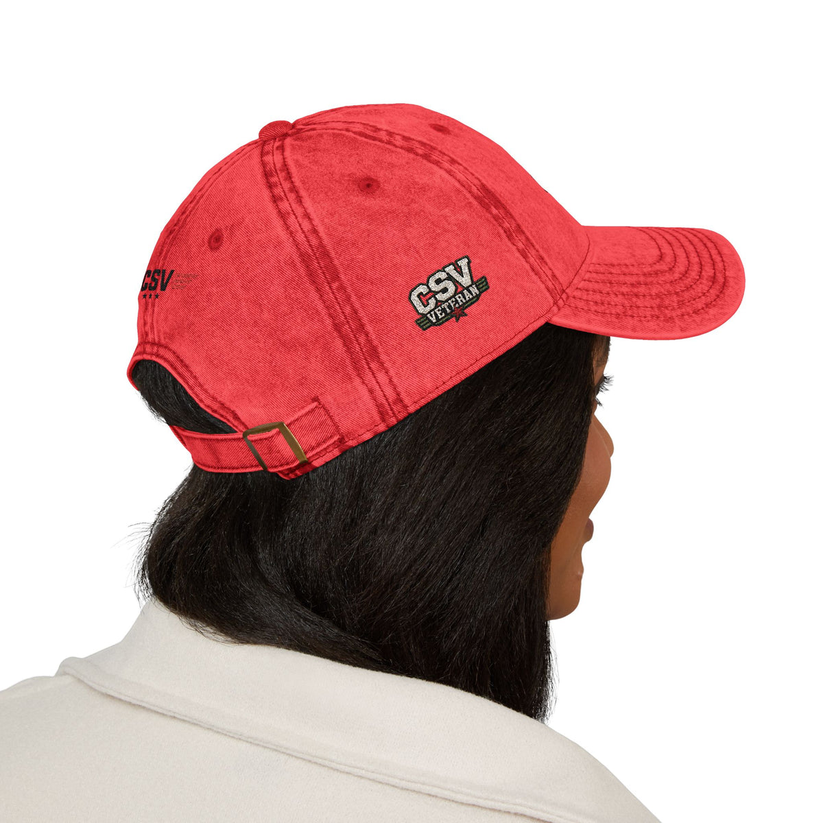 CSV Veteran Embroidered Vintage Cap — Distressed Red Military Dad Hat