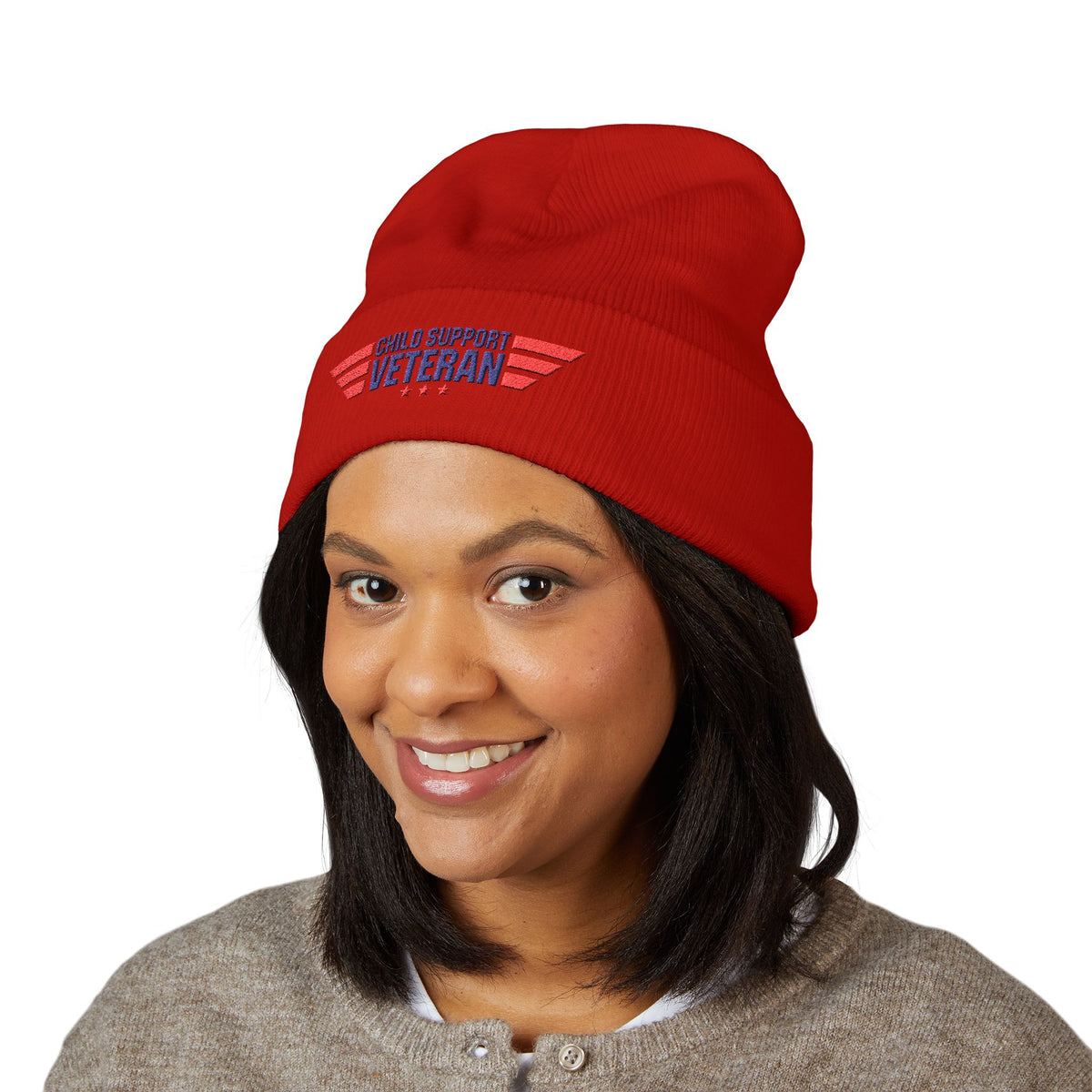 Child Support Veteran Embroidered Beanie — Patriotic Cuffed Knit Hat