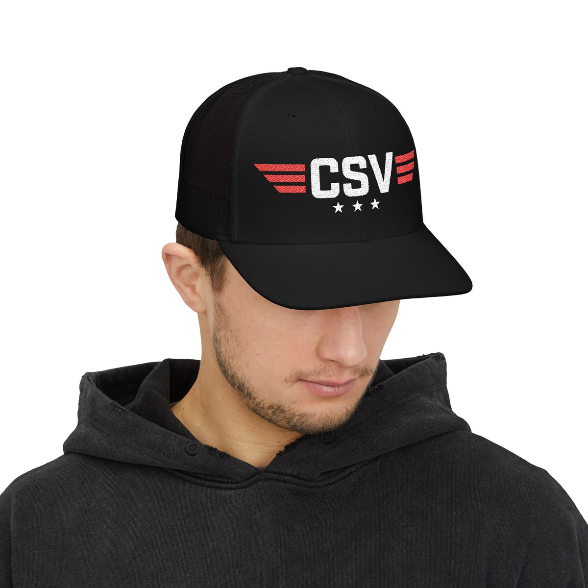 CSV Embroidered Trucker Cap — Retro Winged Logo Snapback