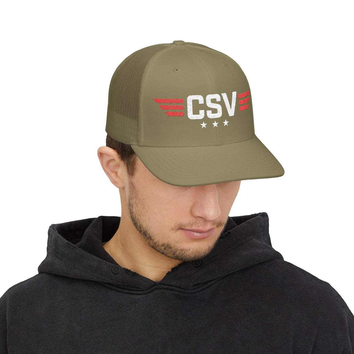 CSV Embroidered Trucker Cap — Retro Winged Logo Snapback