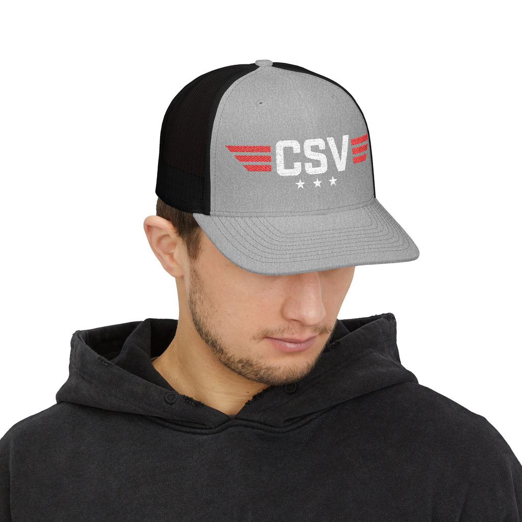 CSV Embroidered Trucker Cap — Retro Winged Logo Snapback