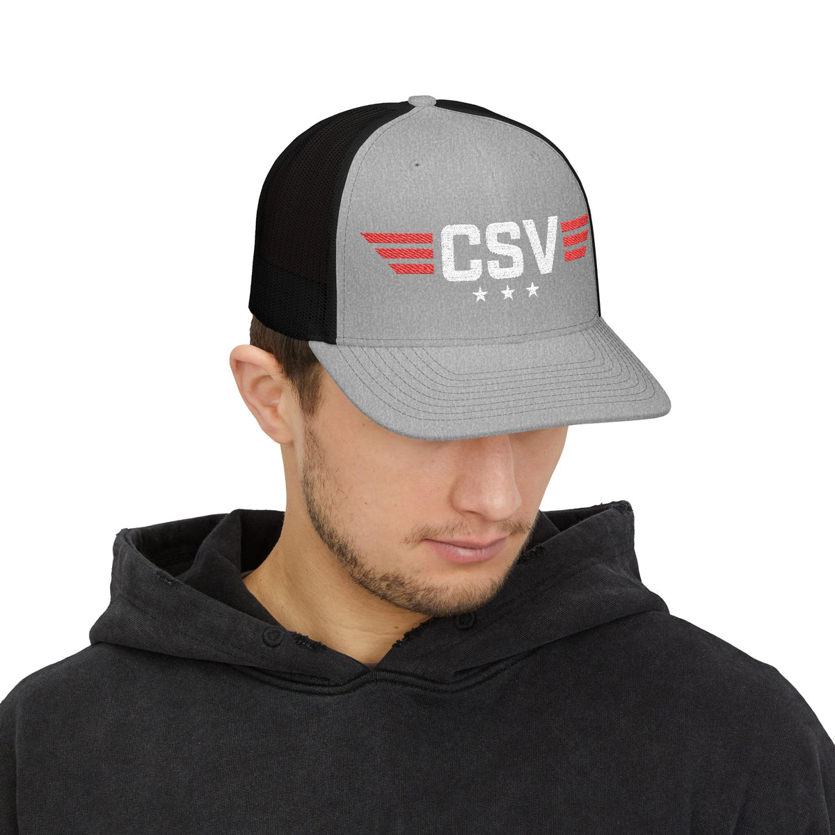 CSV Embroidered Trucker Cap — Retro Winged Logo Snapback