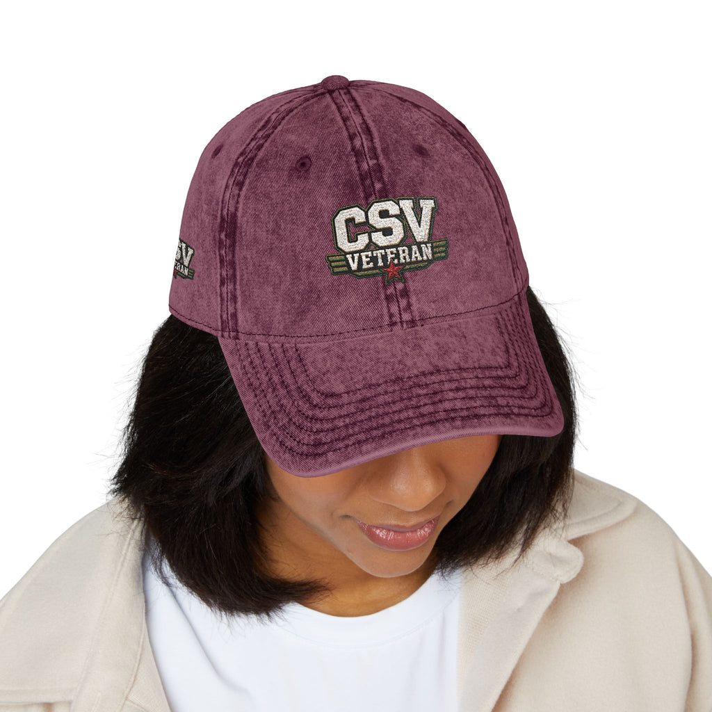 CSV Veteran Embroidered Vintage Cap — Distressed Red Military Dad Hat