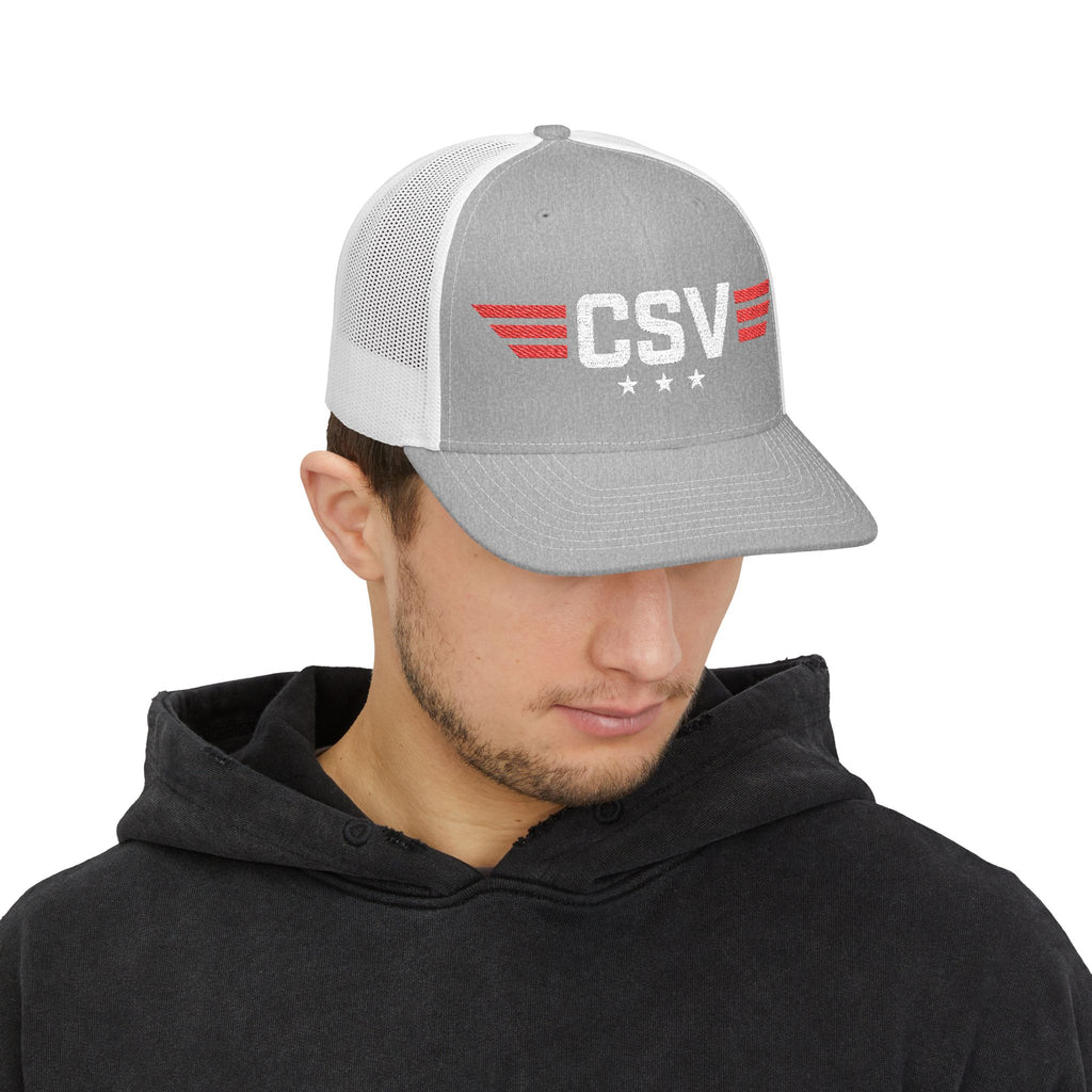 CSV Embroidered Trucker Cap — Retro Winged Logo Snapback