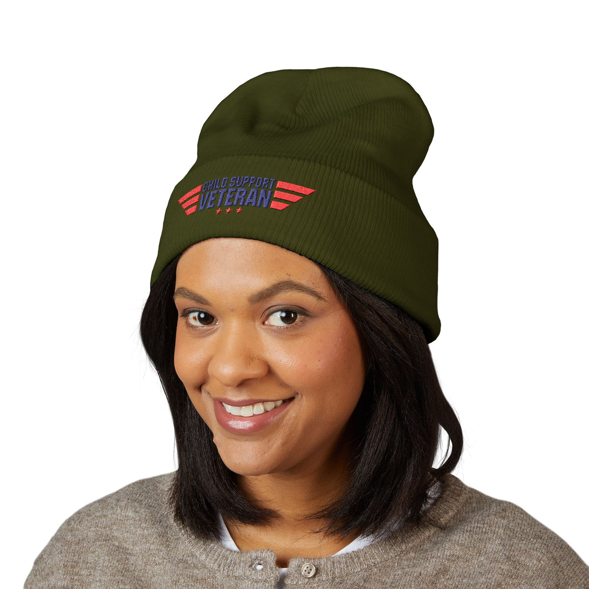 Child Support Veteran Embroidered Beanie — Patriotic Cuffed Knit Hat