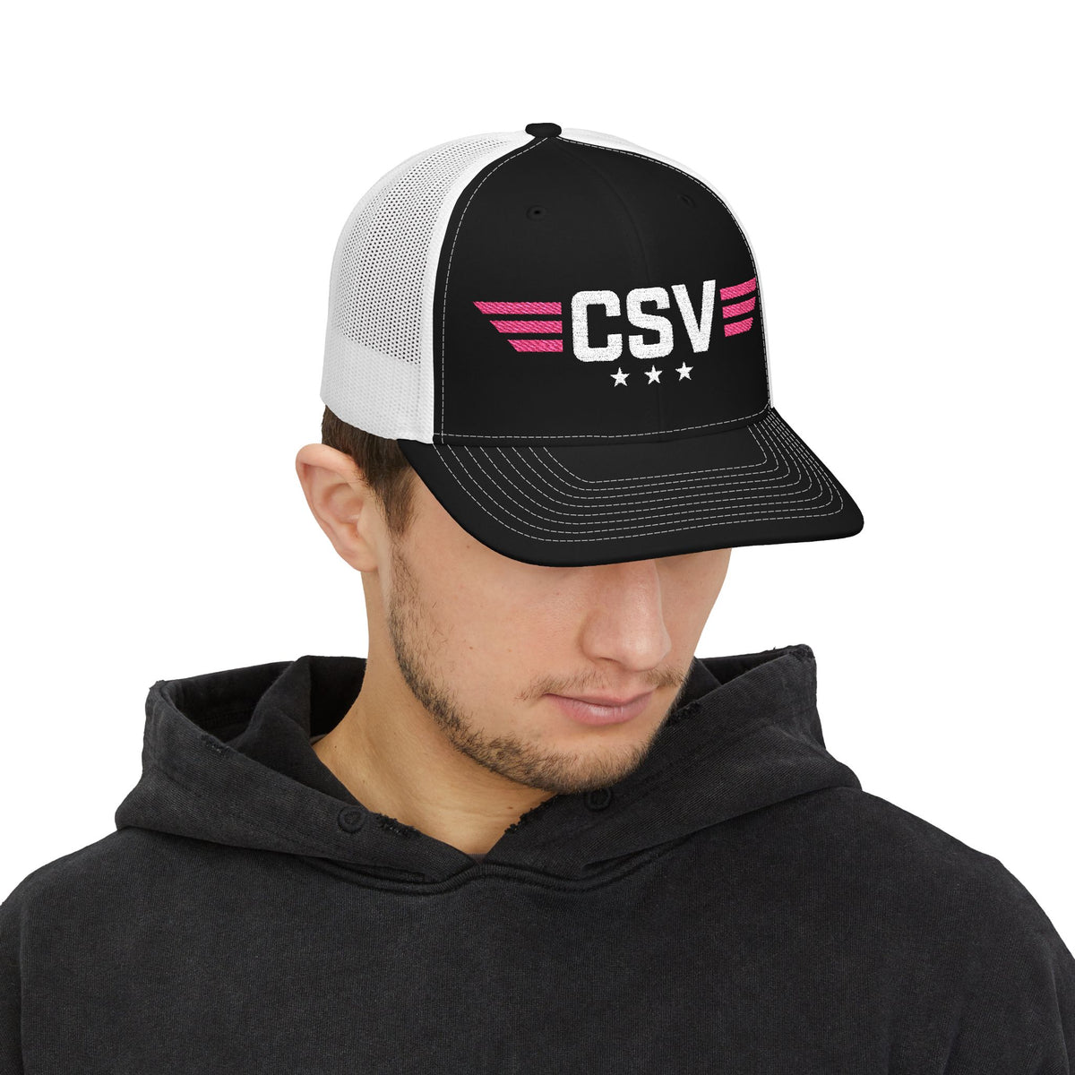 CSV Embroidered Trucker Cap — Retro Winged Logo Snapback