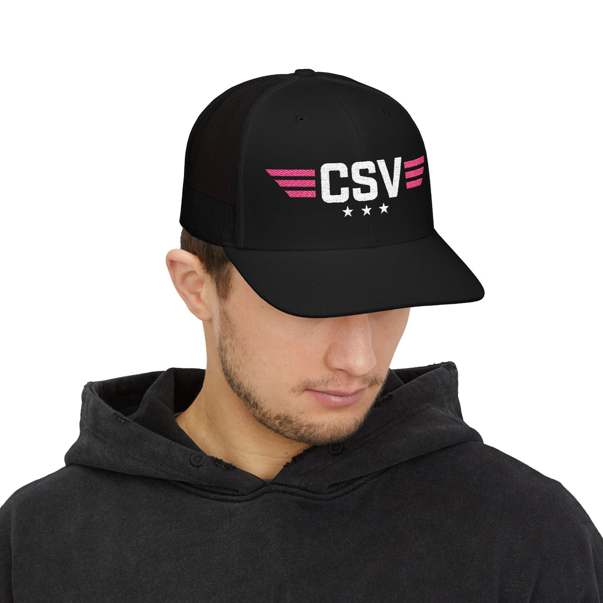 CSV Embroidered Trucker Cap — Retro Winged Logo Snapback
