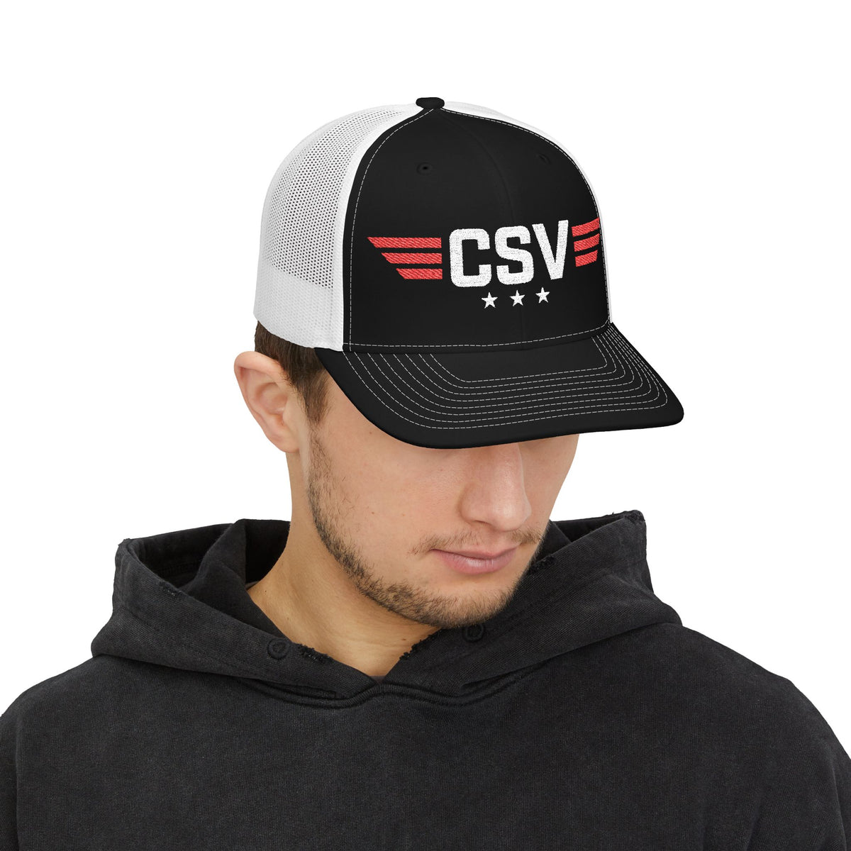 CSV Embroidered Trucker Cap — Retro Winged Logo Snapback