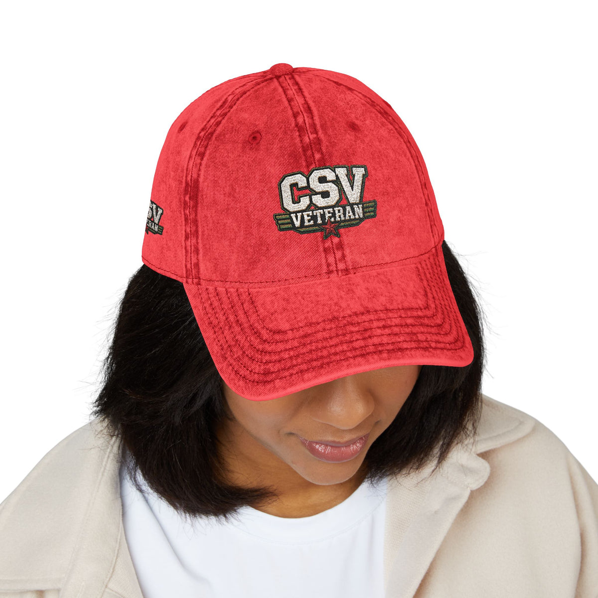 CSV Veteran Embroidered Vintage Cap — Distressed Red Military Dad Hat
