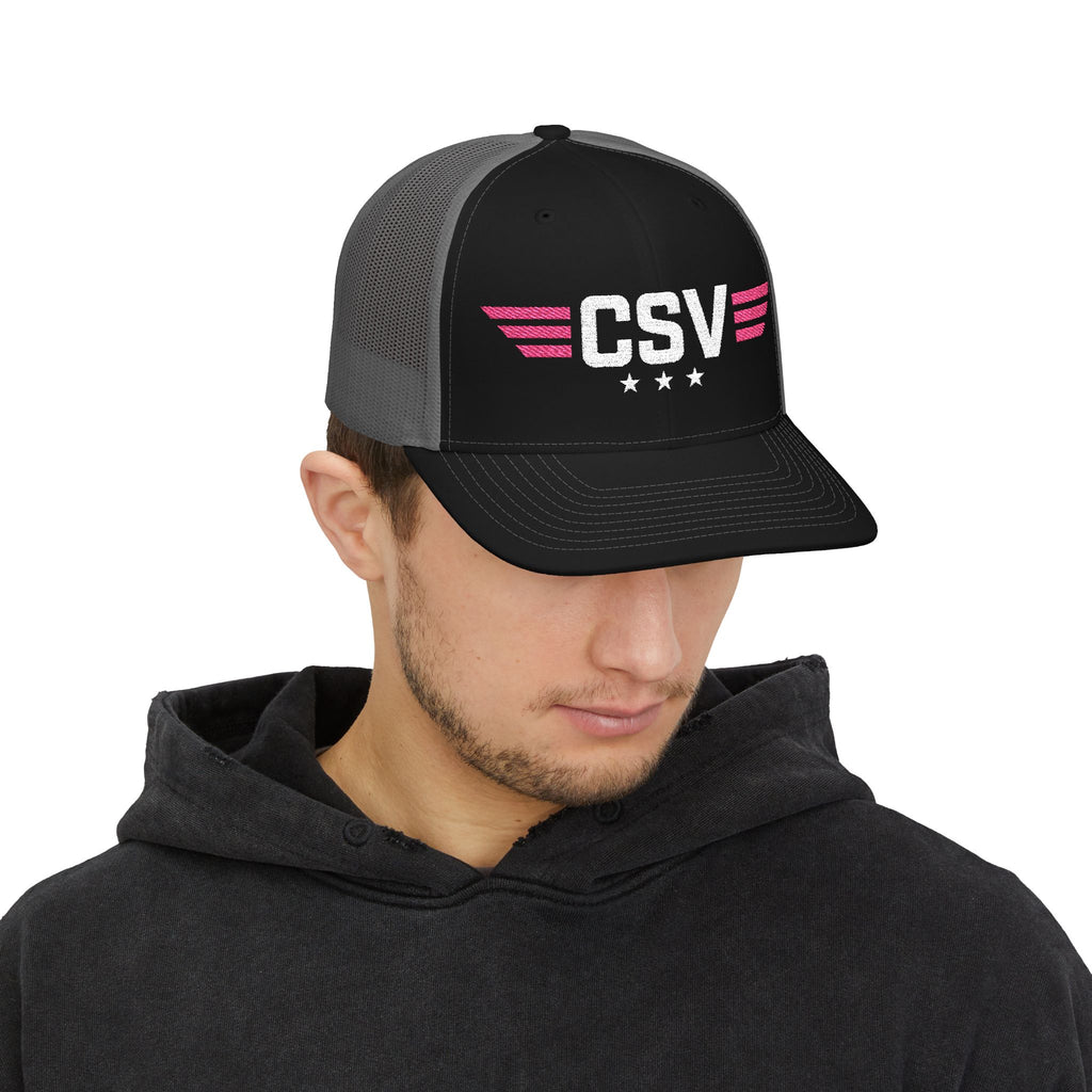 CSV Embroidered Trucker Cap — Retro Winged Logo Snapback