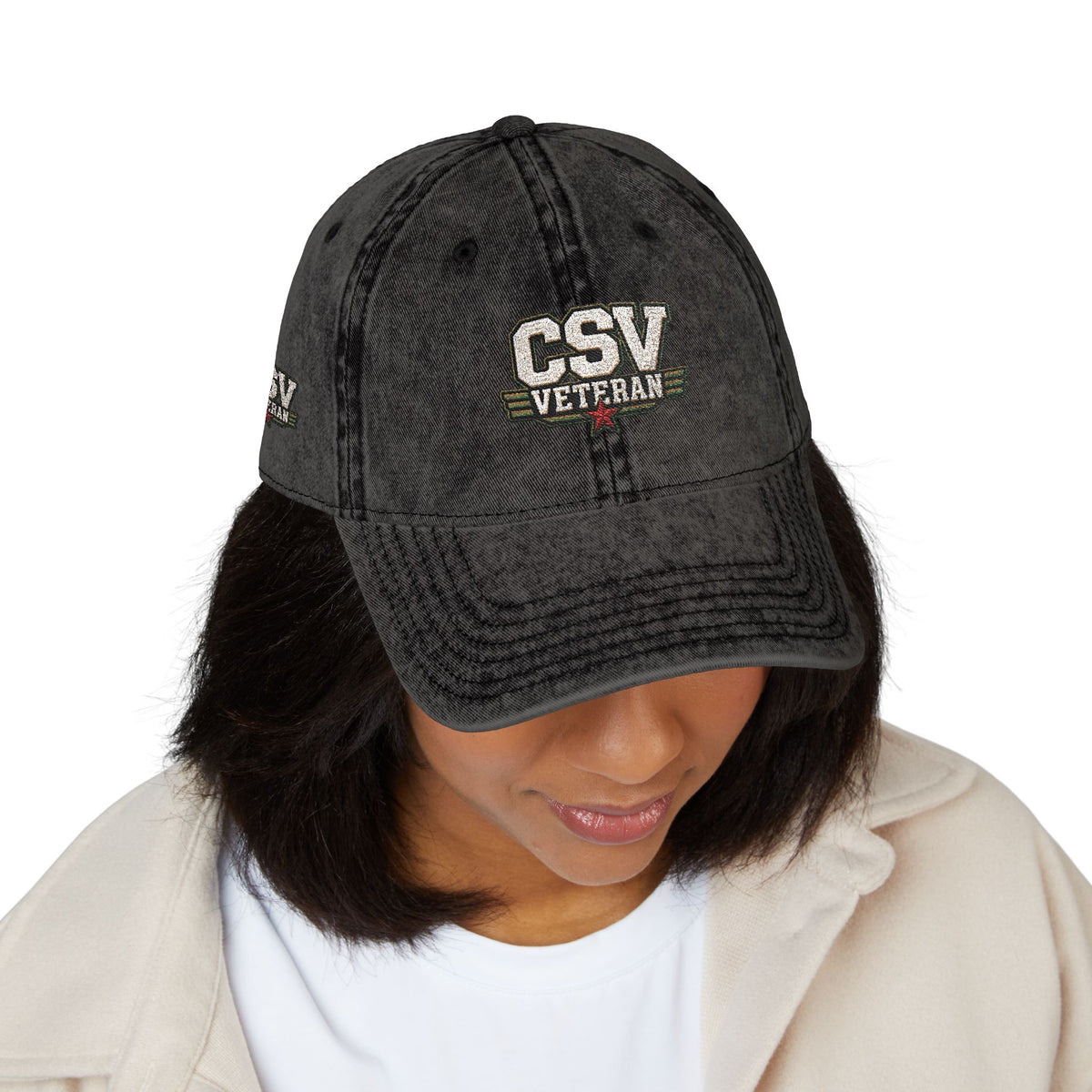 CSV Veteran Embroidered Vintage Cap — Distressed Red Military Dad Hat