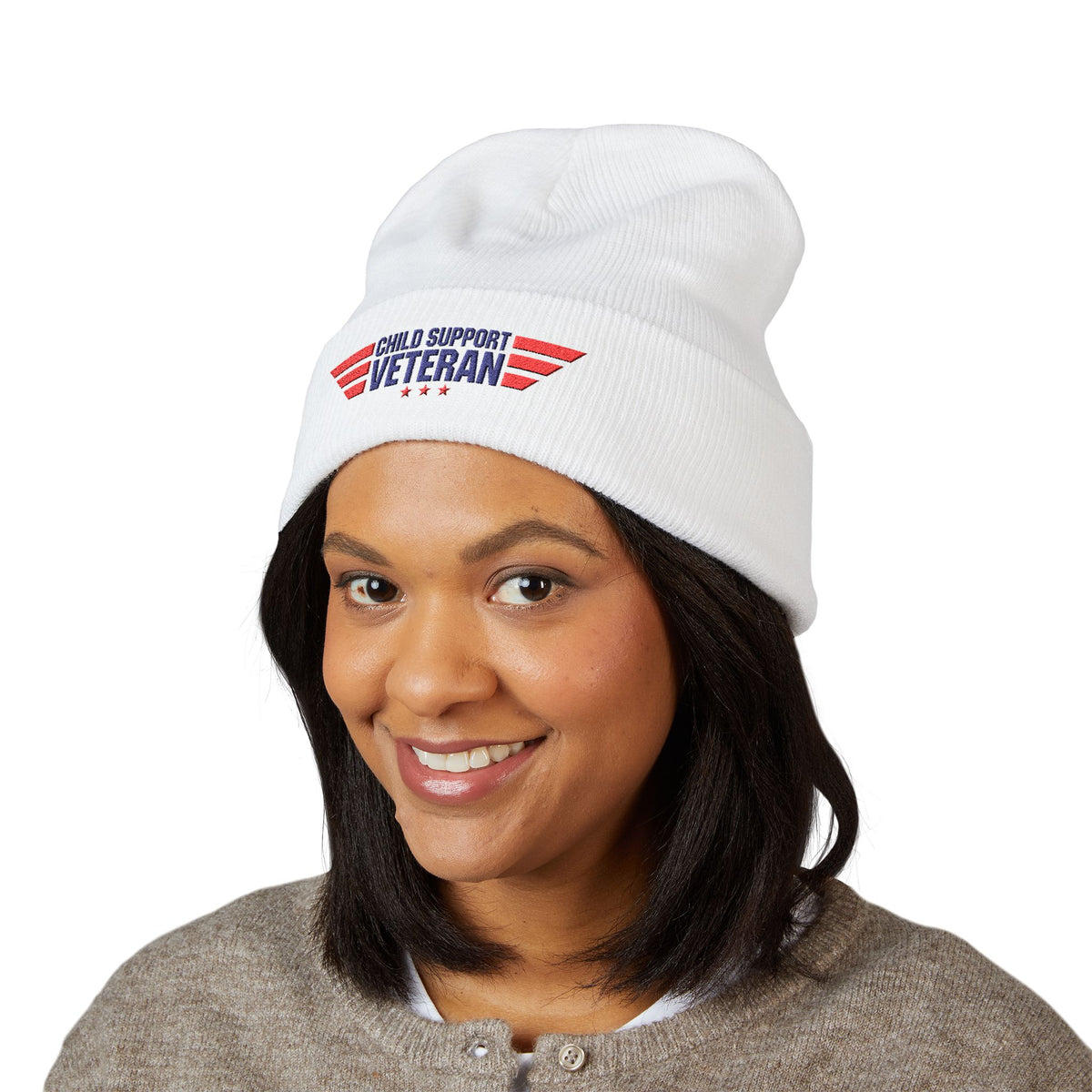 Child Support Veteran Embroidered Beanie — Patriotic Cuffed Knit Hat