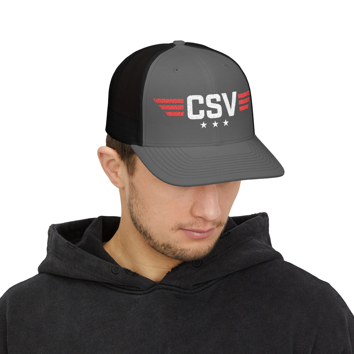 CSV Embroidered Trucker Cap — Retro Winged Logo Snapback