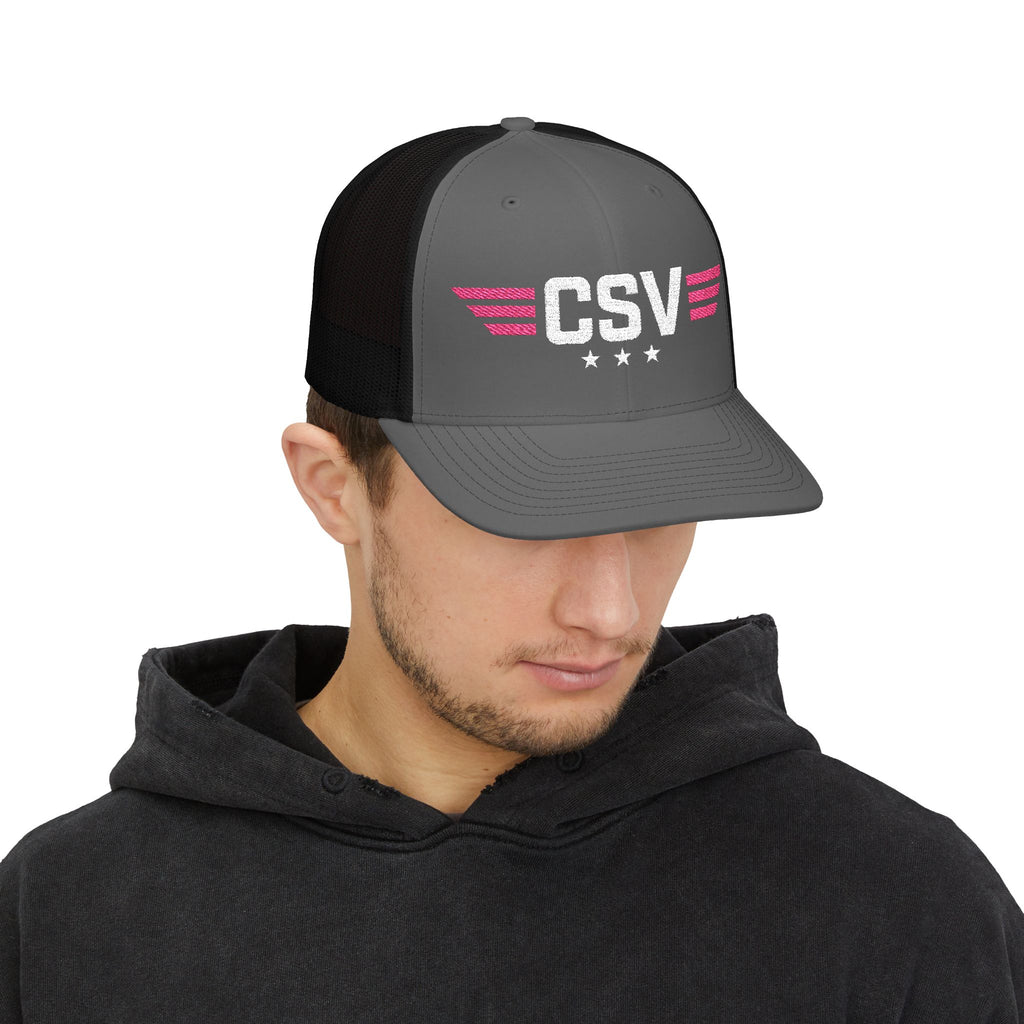 CSV Embroidered Trucker Cap — Retro Winged Logo Snapback
