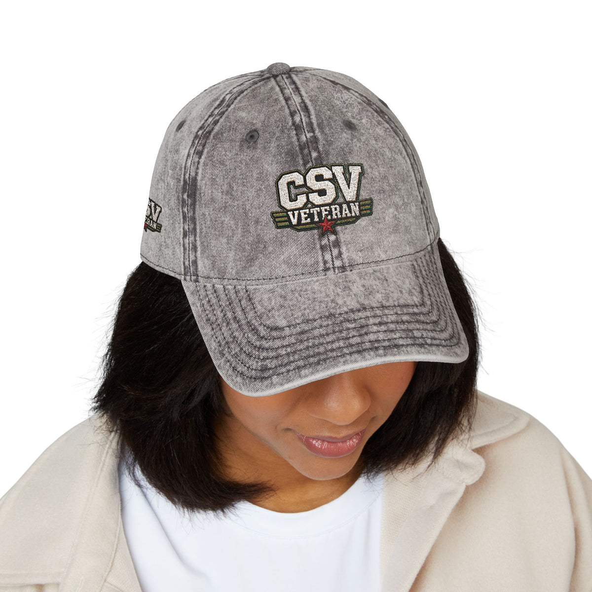 CSV Veteran Embroidered Vintage Cap — Distressed Red Military Dad Hat