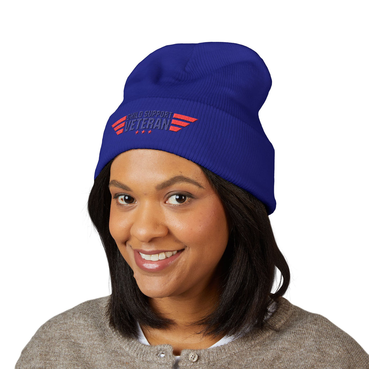 Child Support Veteran Embroidered Beanie — Patriotic Cuffed Knit Hat